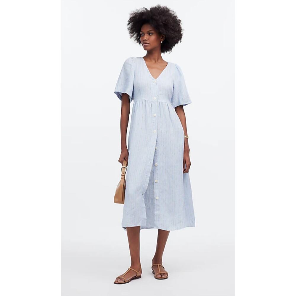 Madewell | NWT | Cassie Button-Front Midi Dress in Linen | Powder Blue | Sz S